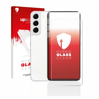 Face avant d’un emballage produit avec le logo de la marque upscreen. À côté, l’appareil Samsung Galaxy S22 5G (Avant+Caméra) 