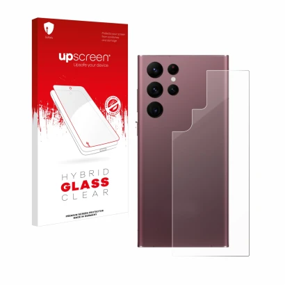 Face avant d’un emballage produit avec le logo de la marque upscreen. À côté, l’appareil Samsung Galaxy S22 Ultra 5G (Arrière)