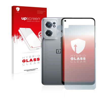 Face avant d’un emballage produit avec le logo de la marque upscreen. À côté, l’appareil OnePlus Nord CE 2 5G (Avant+Caméra) e