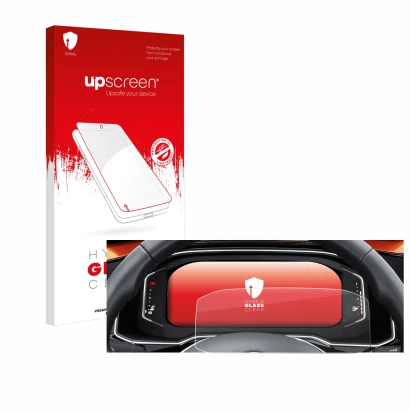 Face avant d’un emballage produit avec le logo de la marque upscreen. À côté, l’appareil Volkswagen Polo 6 Digital Cockpit Pro