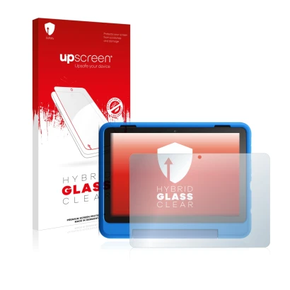 Face avant d’un emballage produit avec le logo de la marque upscreen. À côté, l’appareil Amazon Fire HD 8 Kids Pro Edition 202
