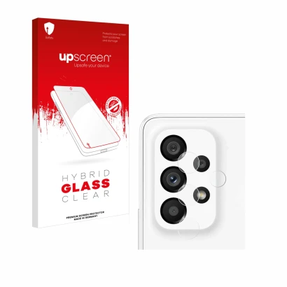 Face avant d’un emballage produit avec le logo de la marque upscreen. À côté, l’appareil Samsung Galaxy A53 5G (Caméra UNIQUEM