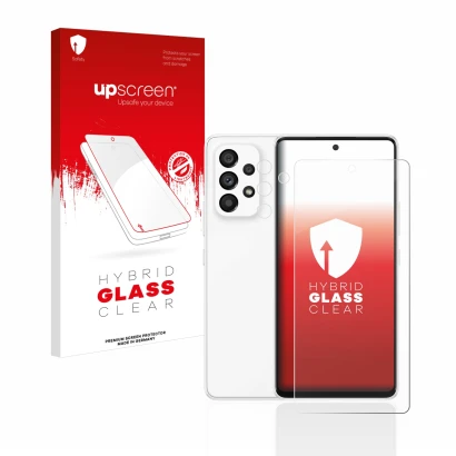 Face avant d’un emballage produit avec le logo de la marque upscreen. À côté, l’appareil Samsung Galaxy A53 5G (Avant+Caméra) 