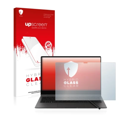 Face avant d’un emballage produit avec le logo de la marque upscreen. À côté, l’appareil Samsung Galaxy Book2 Pro 360 13.3