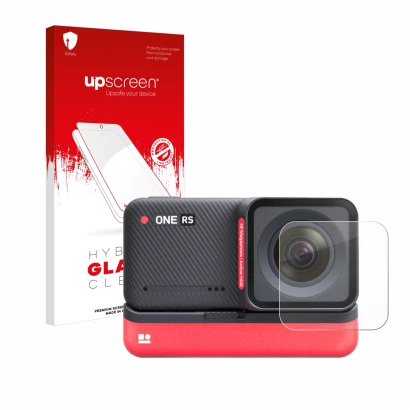 Face avant d’un emballage produit avec le logo de la marque upscreen. À côté, l’appareil Insta360 One RS 4K Edition (Lentille)