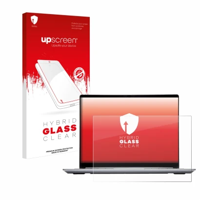 Face avant d’un emballage produit avec le logo de la marque upscreen. À côté, l’appareil Framework Laptop 13 est représenté av