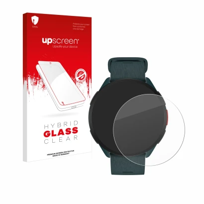Face avant d’un emballage produit avec le logo de la marque upscreen. À côté, l’appareil Polar Pacer est représenté avec la pr