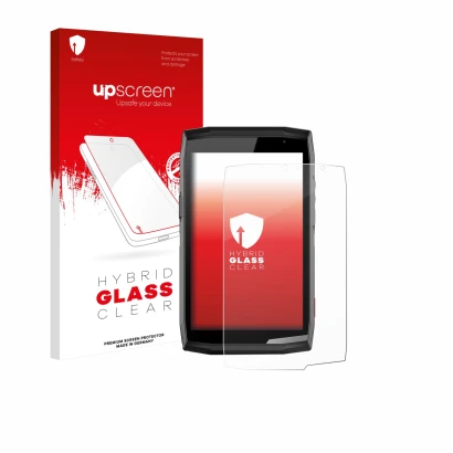 Face avant d’un emballage produit avec le logo de la marque upscreen. À côté, l’appareil Crosscall Core T5 est représenté avec