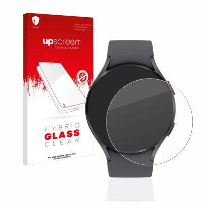 Face avant d’un emballage produit avec le logo de la marque upscreen. À côté, l’appareil Samsung Galaxy Watch 5 (44mm) est rep