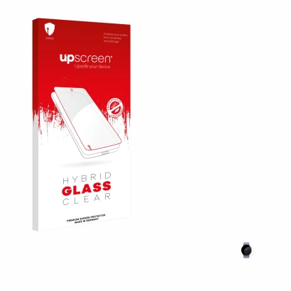 Face avant d’un emballage produit avec le logo de la marque upscreen. À côté, l’appareil Samsung Galaxy Watch 5 (40mm) est rep