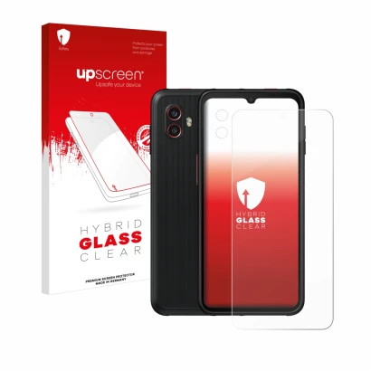Face avant d’un emballage produit avec le logo de la marque upscreen. À côté, l’appareil Samsung Galaxy Xcover 6 Pro (Avant+Ca