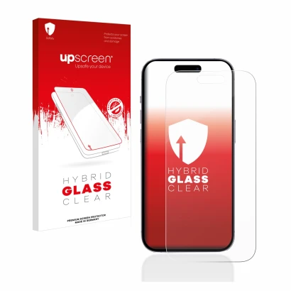 Face avant d’un emballage produit avec le logo de la marque upscreen. À côté, l’appareil Apple iPhone 14 Pro est représenté av