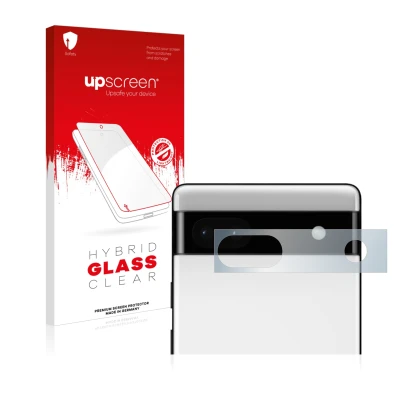 Face avant d’un emballage produit avec le logo de la marque upscreen. À côté, l’appareil Google Pixel 6a (Caméra UNIQUEMENT) e