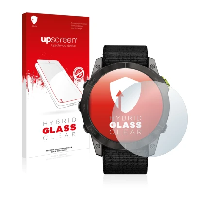 Face avant d’un emballage produit avec le logo de la marque upscreen. À côté, l’appareil Garmin Enduro 2 est représenté avec l