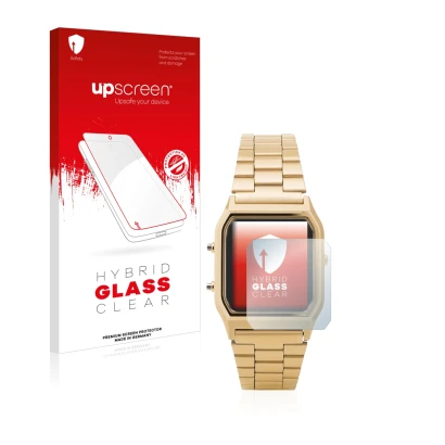 Face avant d’un emballage produit avec le logo de la marque upscreen. À côté, l’appareil Casio AQ-230GA est représenté avec la