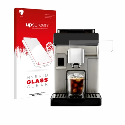 Face avant d’un emballage produit avec le logo de la marque upscreen. À côté, l’appareil DeLonghi Eletta Explore est représent