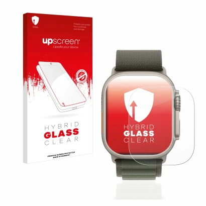 Face avant d’un emballage produit avec le logo de la marque upscreen. À côté, l’appareil Apple Watch Ultra (49 mm) est représe