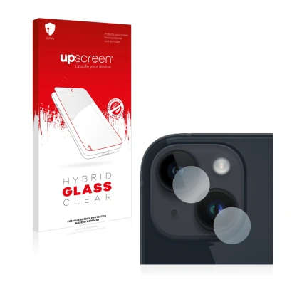 Face avant d’un emballage produit avec le logo de la marque upscreen. À côté, l’appareil Apple iPhone 14 Plus (Caméra UNIQUEME