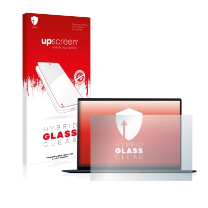 Face avant d’un emballage produit avec le logo de la marque upscreen. À côté, l’appareil ASUS ZenBook 14 OLED est représenté a