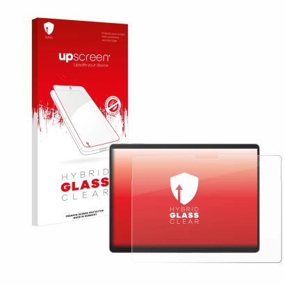 Face avant d’un emballage produit avec le logo de la marque upscreen. À côté, l’appareil Microsoft Surface Pro 9 est représent