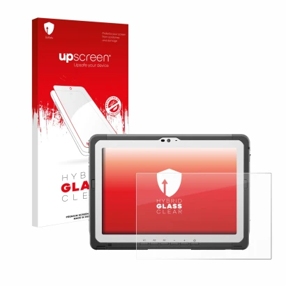 Face avant d’un emballage produit avec le logo de la marque upscreen. À côté, l’appareil Panasonic Toughbook FZ-A3 est représe