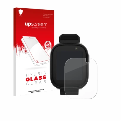 Face avant d’un emballage produit avec le logo de la marque upscreen. À côté, l’appareil Xplora X6 Play 2022 (1ère génération)