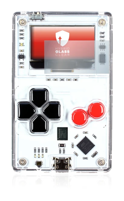 Image de l'appareil Arduboy FX avec une grande variété de protections d'écran.