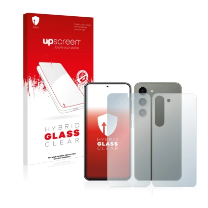 Face avant d’un emballage produit avec le logo de la marque upscreen. À côté, l’appareil Samsung Galaxy S23 (Avant+Arrière) es
