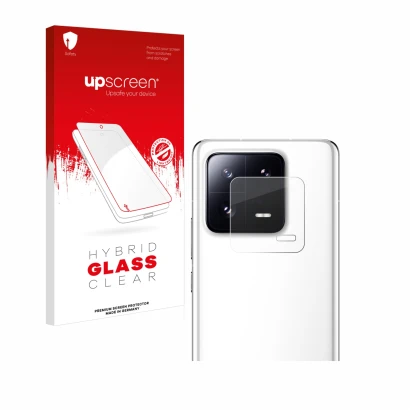 Face avant d’un emballage produit avec le logo de la marque upscreen. À côté, l’appareil Xiaomi 13 Pro (Caméra UNIQUEMENT) est