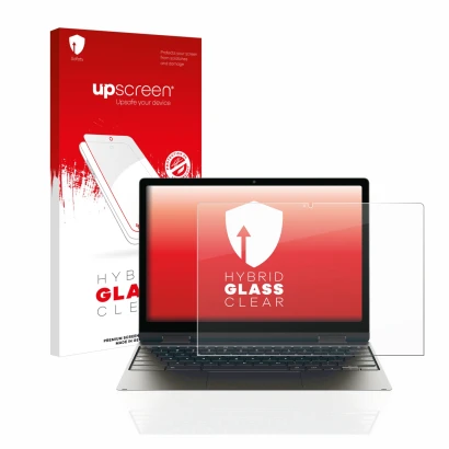 Face avant d’un emballage produit avec le logo de la marque upscreen. À côté, l’appareil Samsung Galaxy Chromebook 2 360 est r