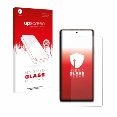 Face avant d’un emballage produit avec le logo de la marque upscreen. À côté, l’appareil Google Pixel 7a est représenté avec l