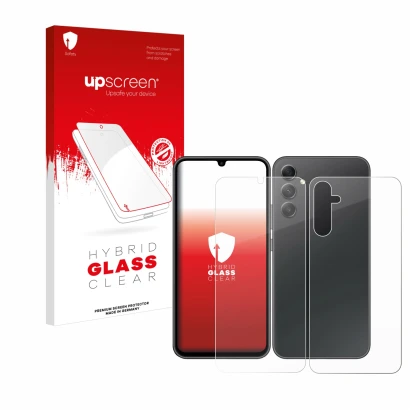 Face avant d’un emballage produit avec le logo de la marque upscreen. À côté, l’appareil Samsung Galaxy A34 5G (Avant+Arrière)