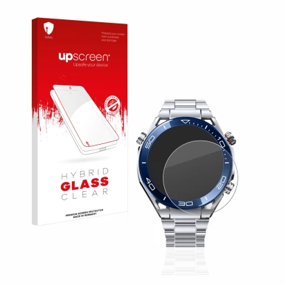 Face avant d’un emballage produit avec le logo de la marque upscreen. À côté, l’appareil Huawei Watch Ultimate (48.5 mm) est r