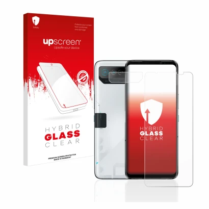 Face avant d’un emballage produit avec le logo de la marque upscreen. À côté, l’appareil ASUS ROG Phone 7 Ultimate (Avant+Camé