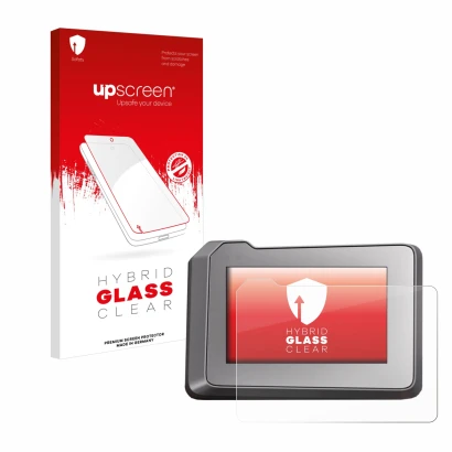 Face avant d’un emballage produit avec le logo de la marque upscreen. À côté, l’appareil KTM 1290 Super Duke R 2022 TFT-Displa