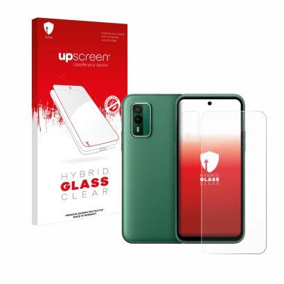 Face avant d’un emballage produit avec le logo de la marque upscreen. À côté, l’appareil Nokia XR21 (Avant+Caméra) est représe