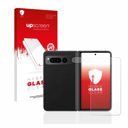 Face avant d’un emballage produit avec le logo de la marque upscreen. À côté, l’appareil Google Pixel Fold (Avant+Caméra) est
