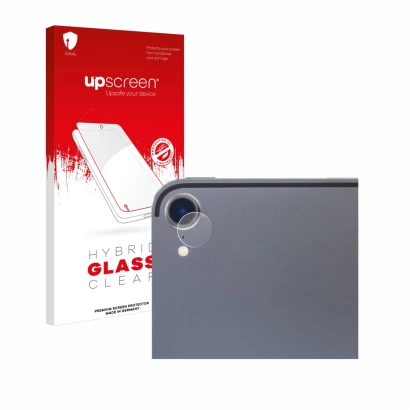 Face avant d’un emballage produit avec le logo de la marque upscreen. À côté, l’appareil Apple iPad Pro 12.9" 2018 (Caméra UNI