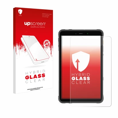 Face avant d’un emballage produit avec le logo de la marque upscreen. À côté, l’appareil Ulefone Armor Pad 8 est représenté av