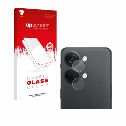 Face avant d’un emballage produit avec le logo de la marque upscreen. À côté, l’appareil OnePlus Nord 3 5G (Caméra UNIQUEMENT)