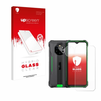 Face avant d’un emballage produit avec le logo de la marque upscreen. À côté, l’appareil Blackview BL8800 5G (Avant+Caméra) es