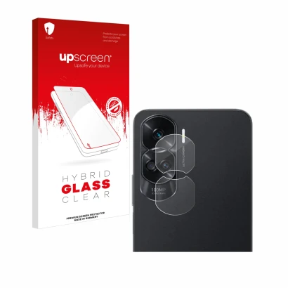 Face avant d’un emballage produit avec le logo de la marque upscreen. À côté, l’appareil Honor 90 Lite (Caméra UNIQUEMENT) est