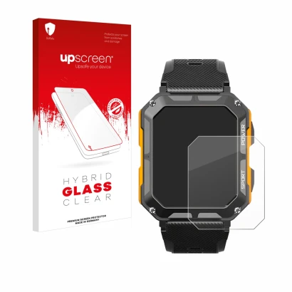 Face avant d’un emballage produit avec le logo de la marque upscreen. À côté, l’appareil Njord Gear The Indestructible Smartwa