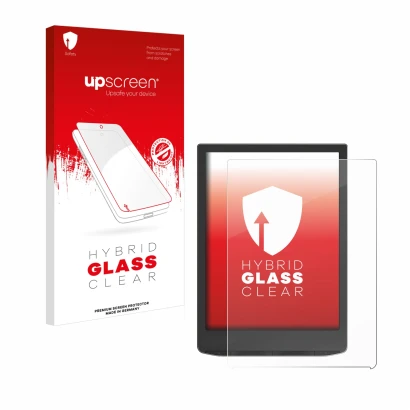 Face avant d’un emballage produit avec le logo de la marque upscreen. À côté, l’appareil PocketBook InkPad 4 est représenté av