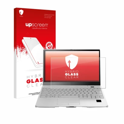 Face avant d’un emballage produit avec le logo de la marque upscreen. À côté, l’appareil Fujitsu Lifebook U9313X est représent
