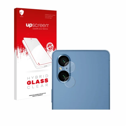 Face avant d’un emballage produit avec le logo de la marque upscreen. À côté, l’appareil Sony Xperia 5 V (Caméra UNIQUEMENT) e
