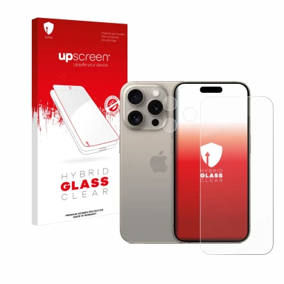 Face avant d’un emballage produit avec le logo de la marque upscreen. À côté, l’appareil Apple iPhone 15 Pro (Avant+Caméra) es