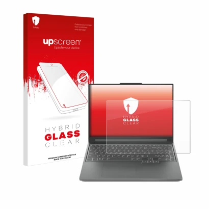 Face avant d’un emballage produit avec le logo de la marque upscreen. À côté, l’appareil Lenovo Legion Slim 5 14 est représent