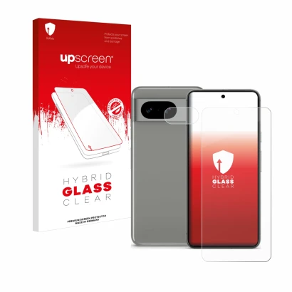 Face avant d’un emballage produit avec le logo de la marque upscreen. À côté, l’appareil Google Pixel 8 (Avant+Caméra) est rep