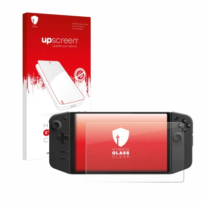 Face avant d’un emballage produit avec le logo de la marque upscreen. À côté, l’appareil Lenovo Legion Go est représenté avec